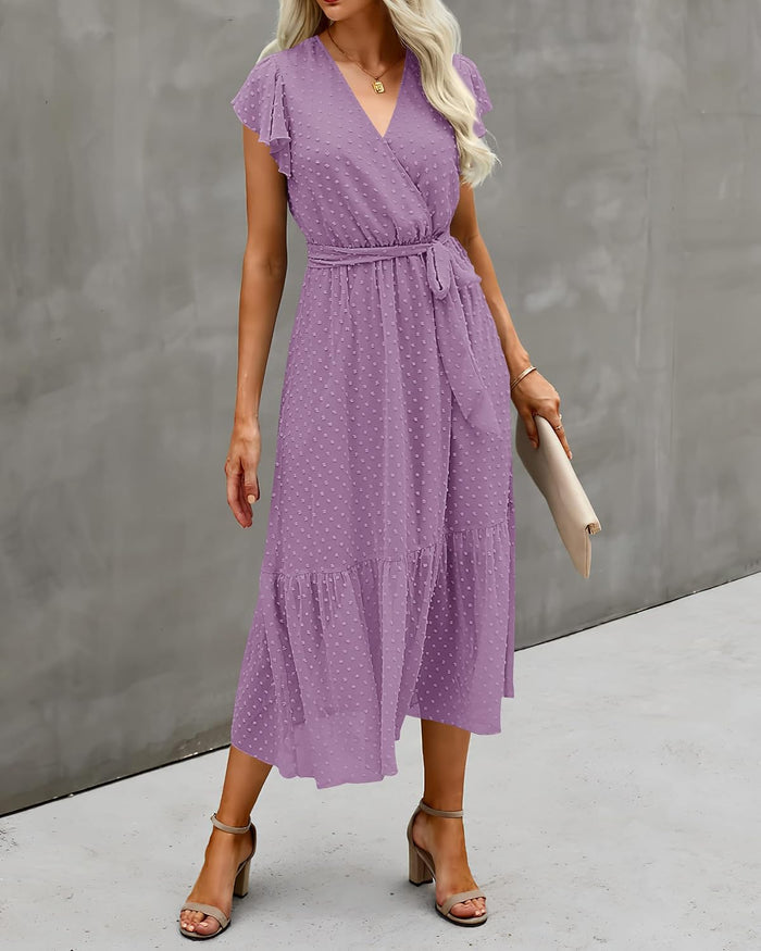 BTFBM Women Summer Casual Wrap V Neck Ruffle Cap Sleeve Belted Midi Dress