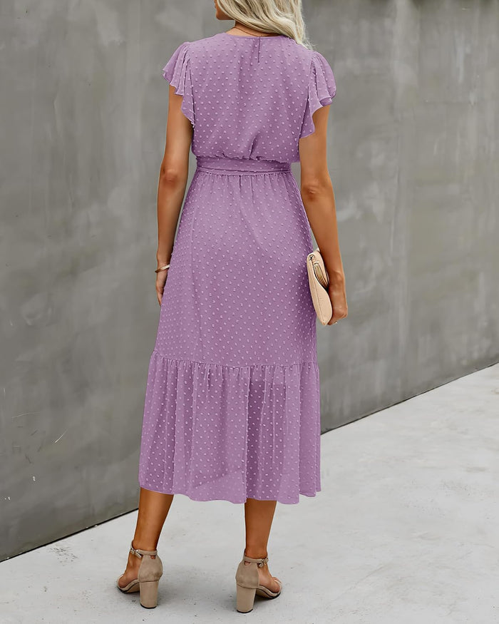 BTFBM Women Summer Casual Wrap V Neck Ruffle Cap Sleeve Belted Midi Dress