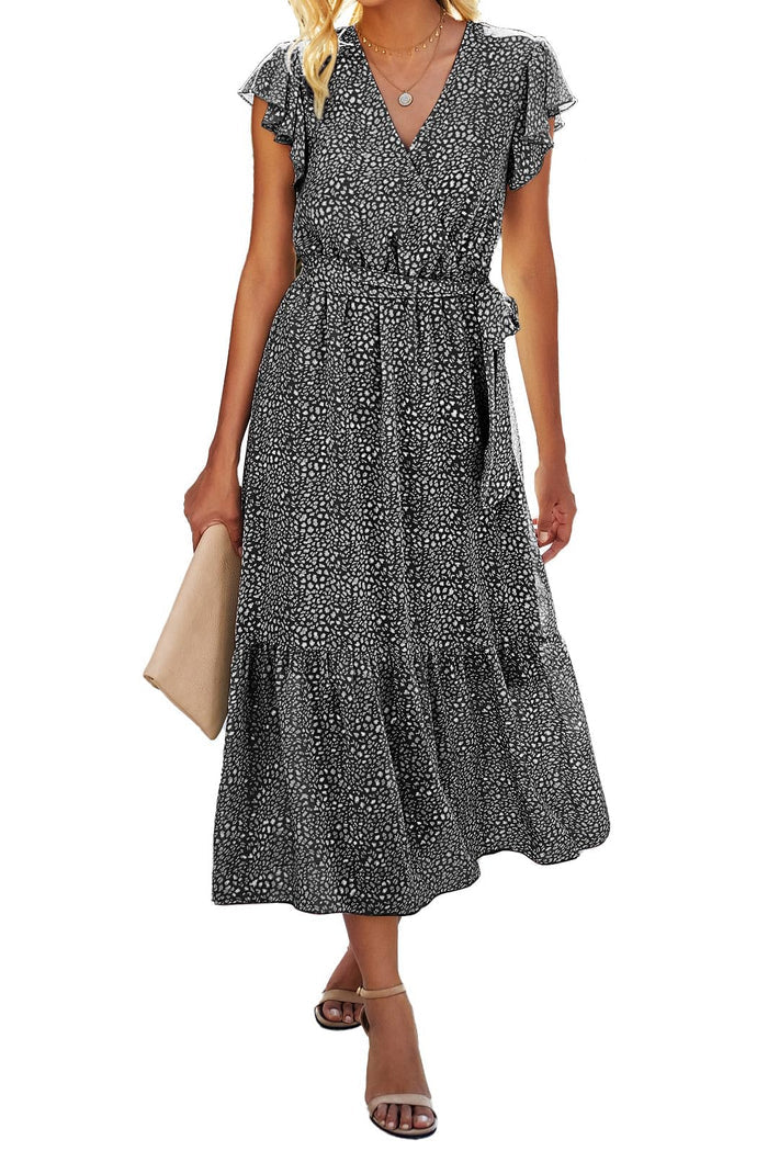 BTFBM Women Summer Casual Wrap V Neck Ruffle Cap Sleeve Belted Midi Dress