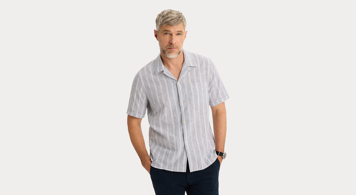 View of model wearing Lamartine Camp Collar Shirt, Regular Fit.