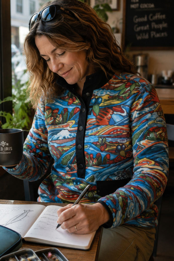Woman wearing the Charvana Riffle Snap Fleece while seated with coffee in a warm coffee shop.