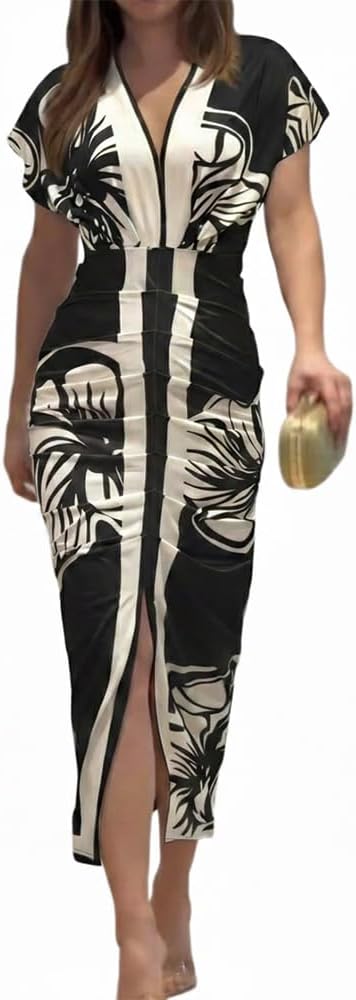 CHICME Summer Dresses for Women Plunge V Neck Ruched Midi Dress