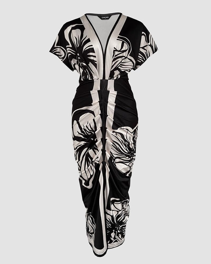 CHICME Summer Dresses for Women Plunge V Neck Ruched Midi Dress