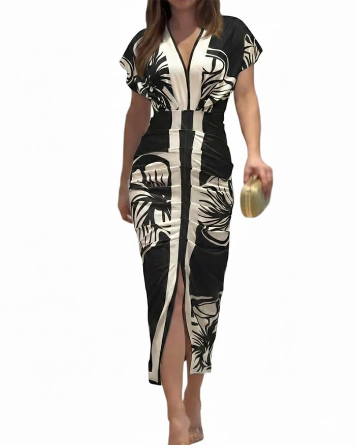 CHICME Summer Dresses for Women Plunge V Neck Ruched Midi Dress
