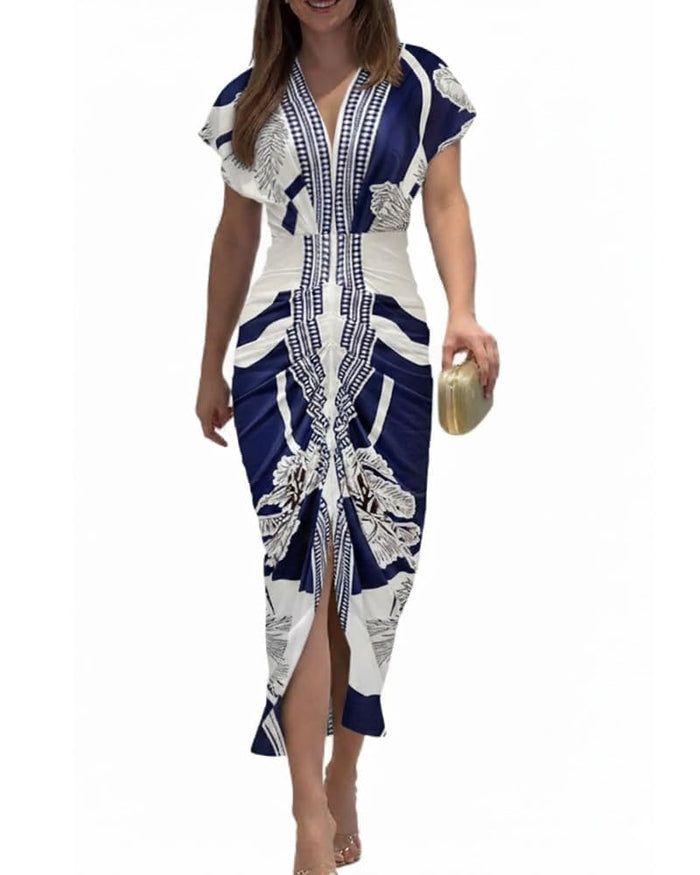 CHICME Summer Dresses for Women Plunge V Neck Ruched Midi Dress