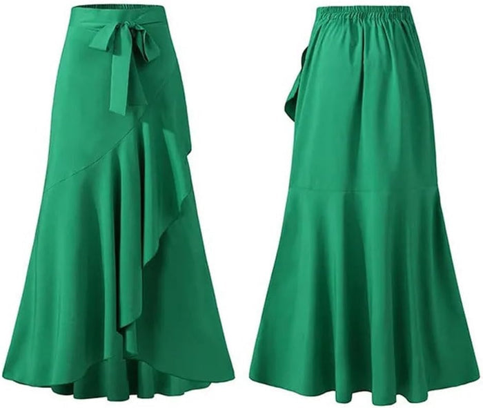 chouyatou Women's Casual Plaid Mermaid Maxi Skirt A Line Irregular Ruffle Hem Fishtail Long Skirt