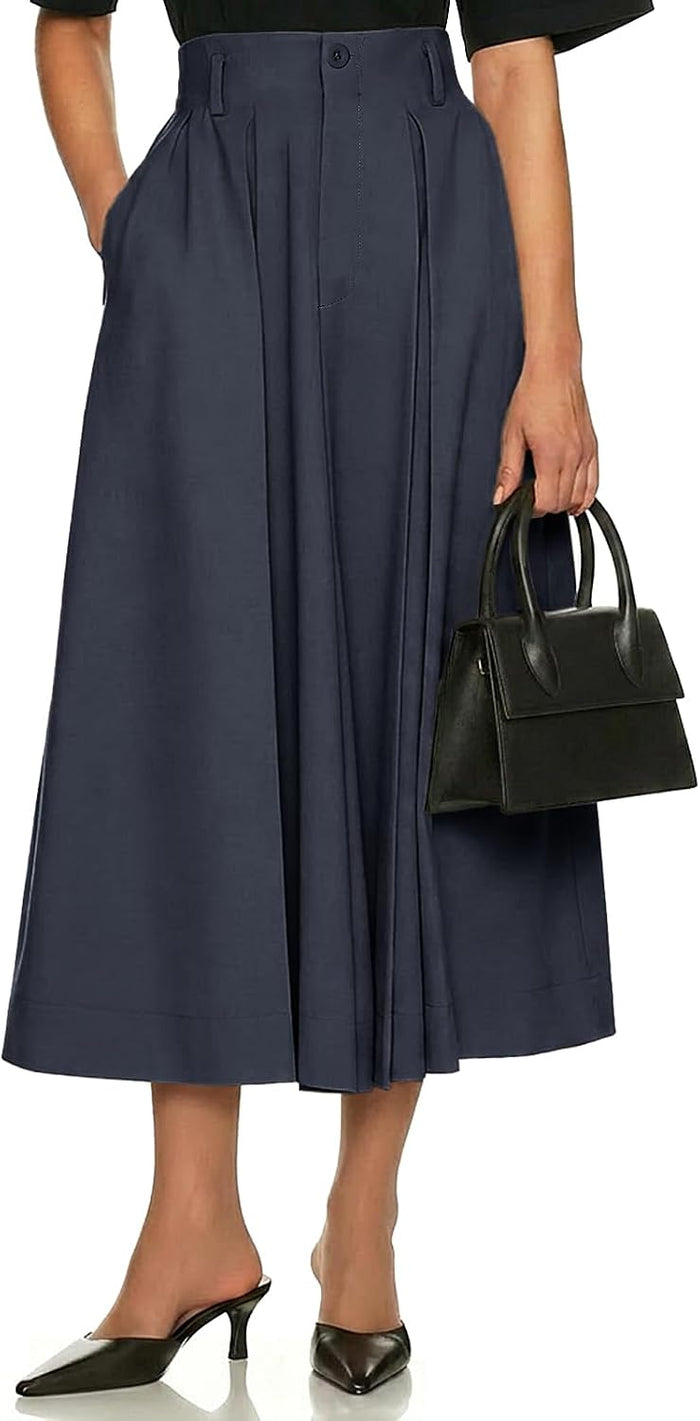 Cicy Bell Women Pleated Midi Skirt Casual Dressy High Waisted A-Line Skirt