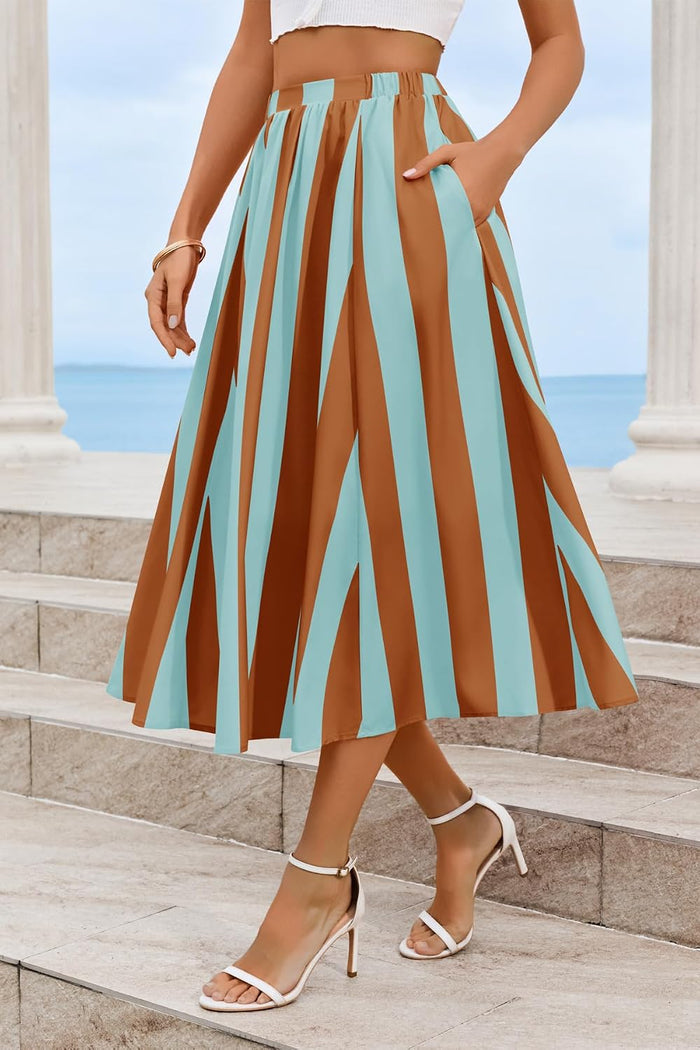 Cicy Bell Womens Summer Striped Maxi Skirts A-Line Beach Vacation Outfits