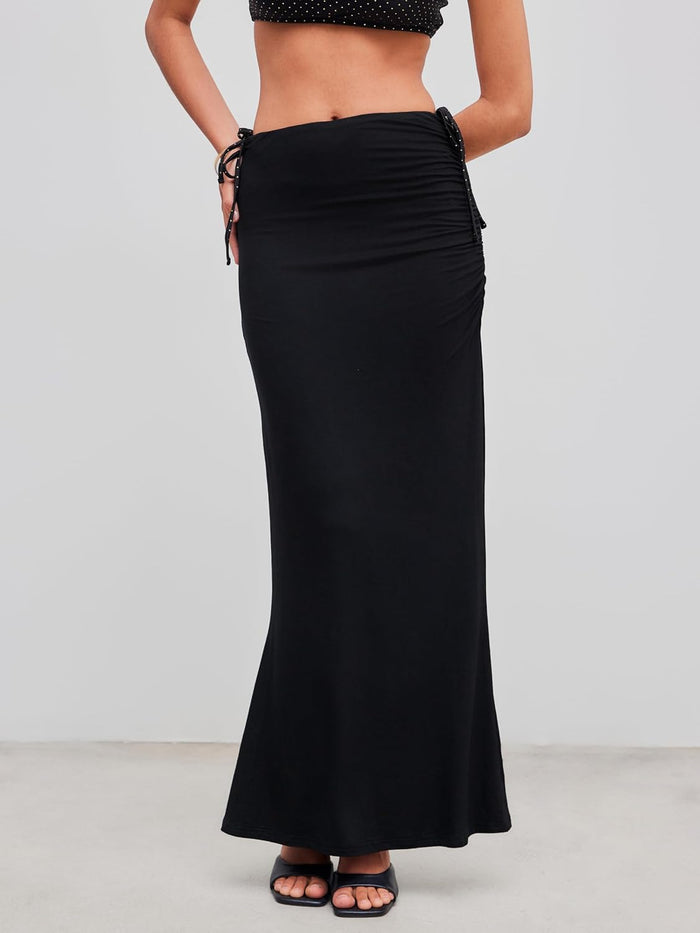 CIDER Mid Waist Skirts for Women Solid Ruched Bodycon Long Maxi Skirt Casual Fishtail Pencil Skirt