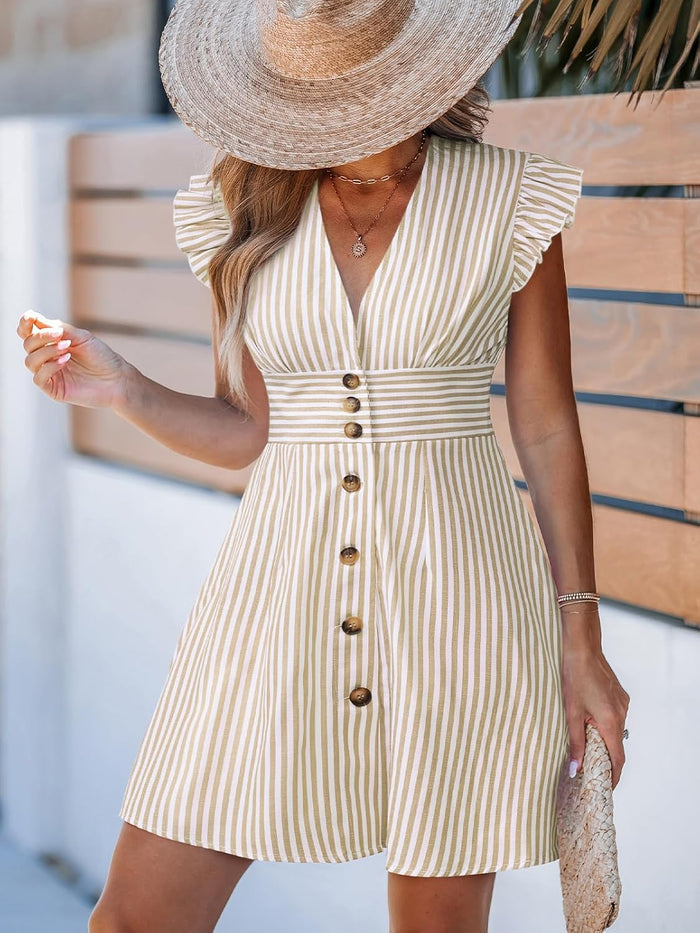 CUPSHE Women's Striped Deep V-Neck Button Down Mini Sundress