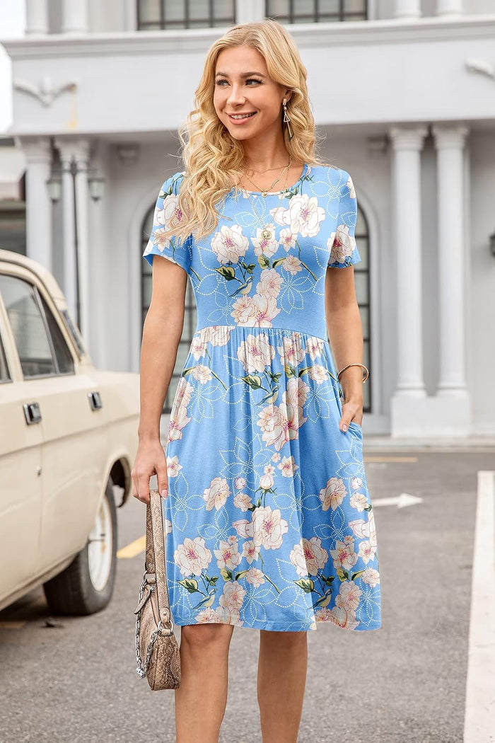 DB MOON Women Summer Casual Short Sleeve Dresses Empire Waist Dress