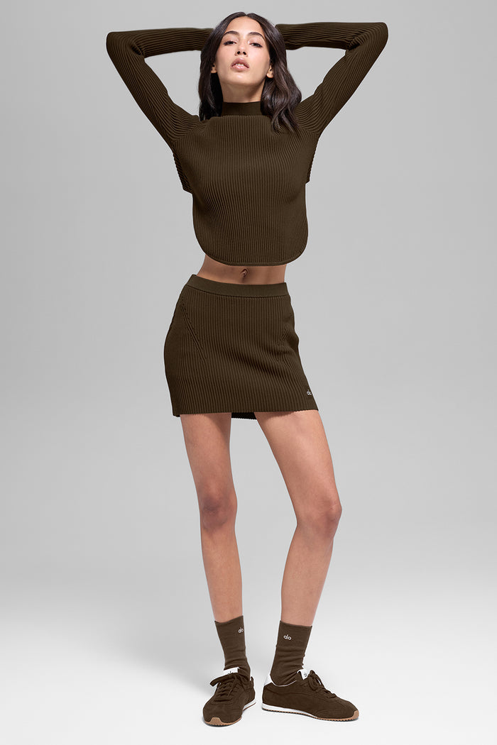 Denim Knit High-Waist Skirt - Espresso/Black
