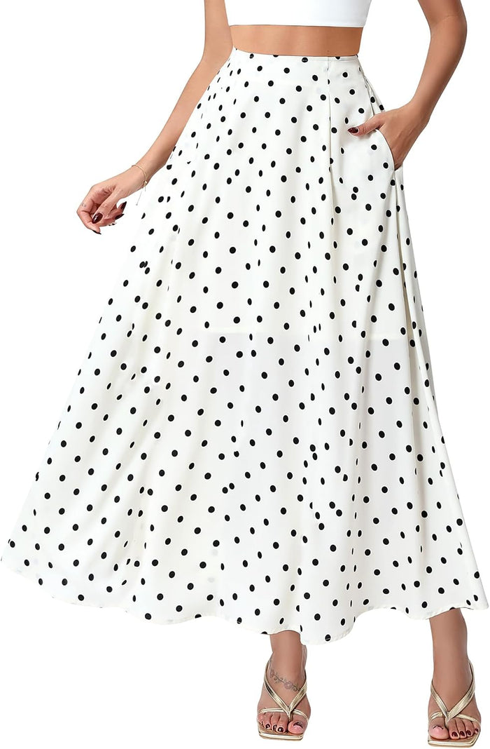 DERAX Women's Polka Dot Flowy Maxi Skirt A-Line Long Skirt with Pockets