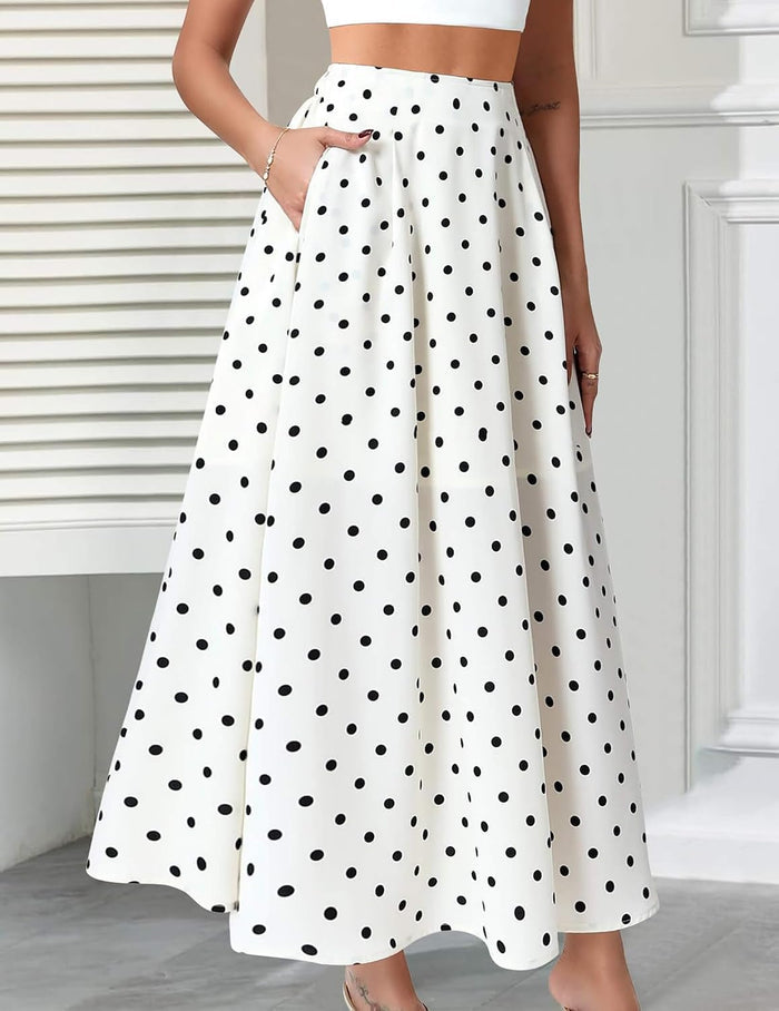 DERAX Women's Polka Dot Flowy Maxi Skirt A-Line Long Skirt with Pockets