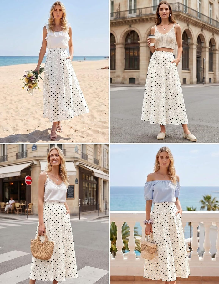 DERAX Women's Polka Dot Flowy Maxi Skirt A-Line Long Skirt with Pockets