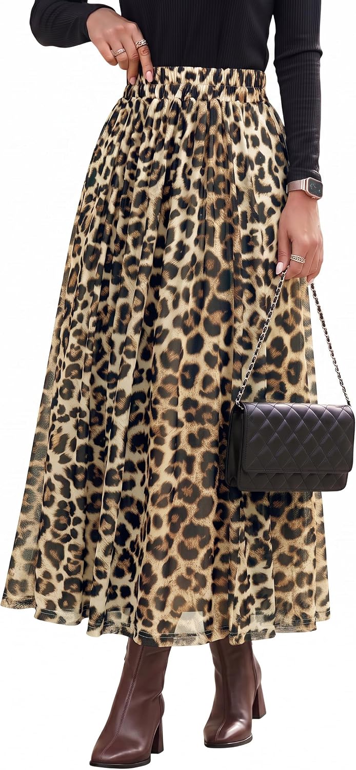Dokotoo Fall Skirts for Women Elastic High Waist A-line Flowy Long Skirt