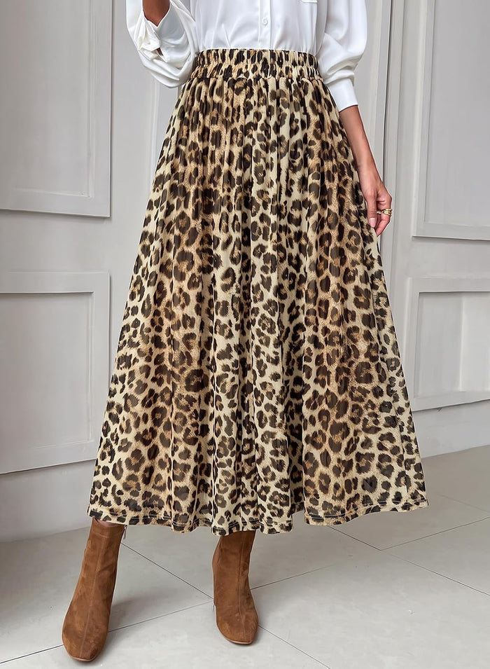 Dokotoo Fall Skirts for Women Elastic High Waist A-line Flowy Long Skirt