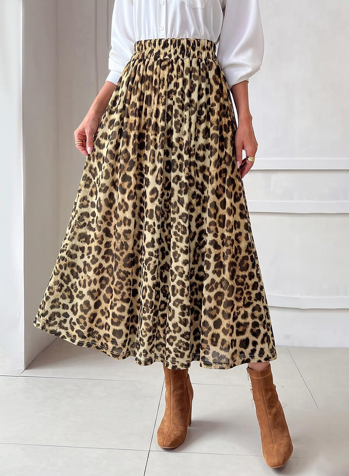Dokotoo Fall Skirts for Women Elastic High Waist A-line Flowy Long Skirt