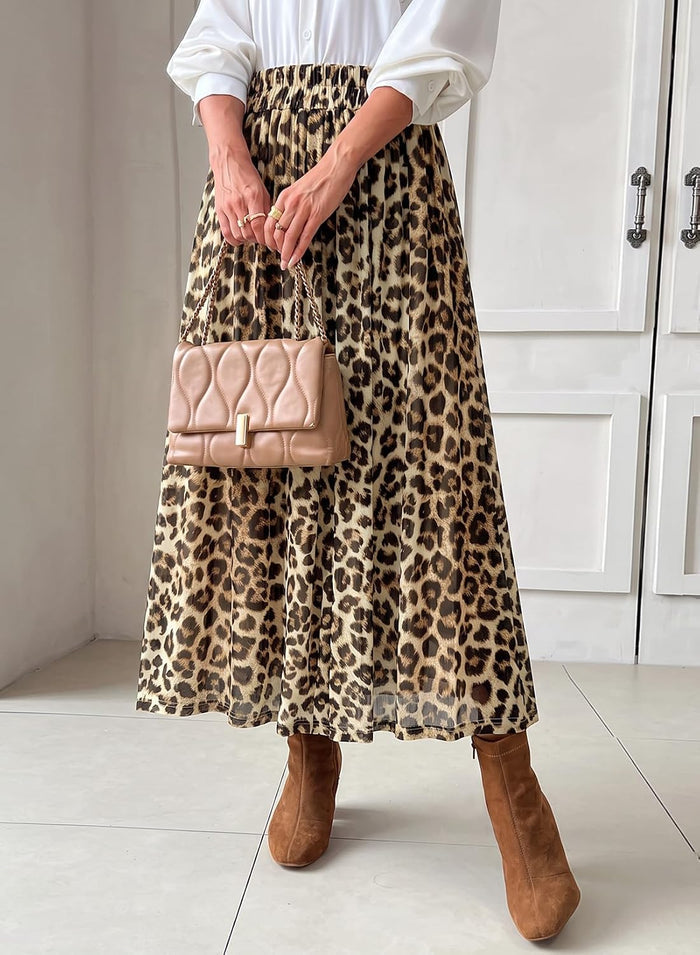 Dokotoo Fall Skirts for Women Elastic High Waist A-line Flowy Long Skirt