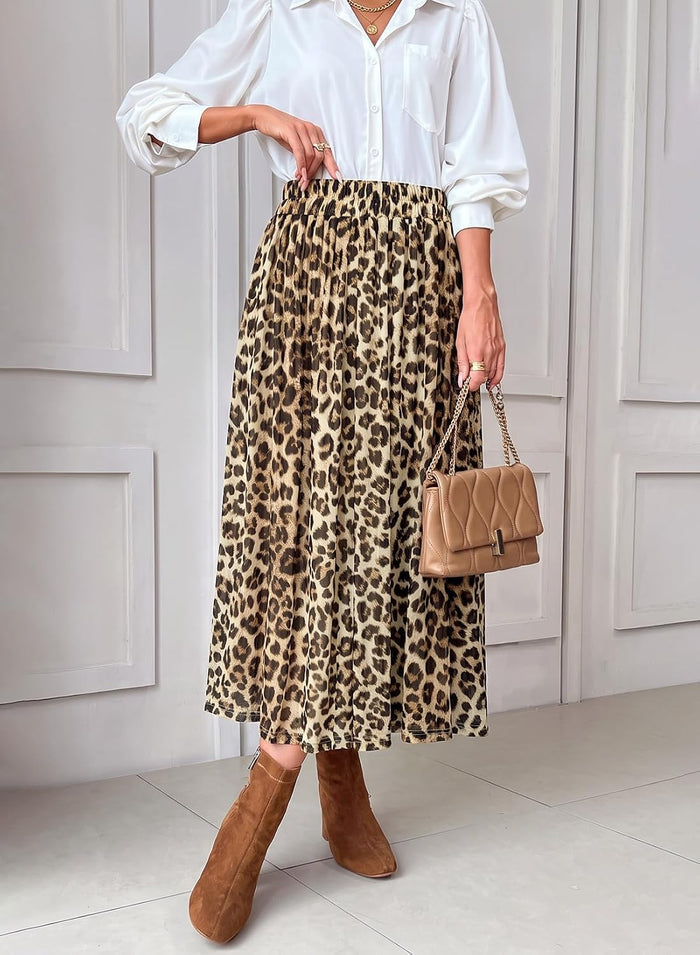 Dokotoo Fall Skirts for Women Elastic High Waist A-line Flowy Long Skirt