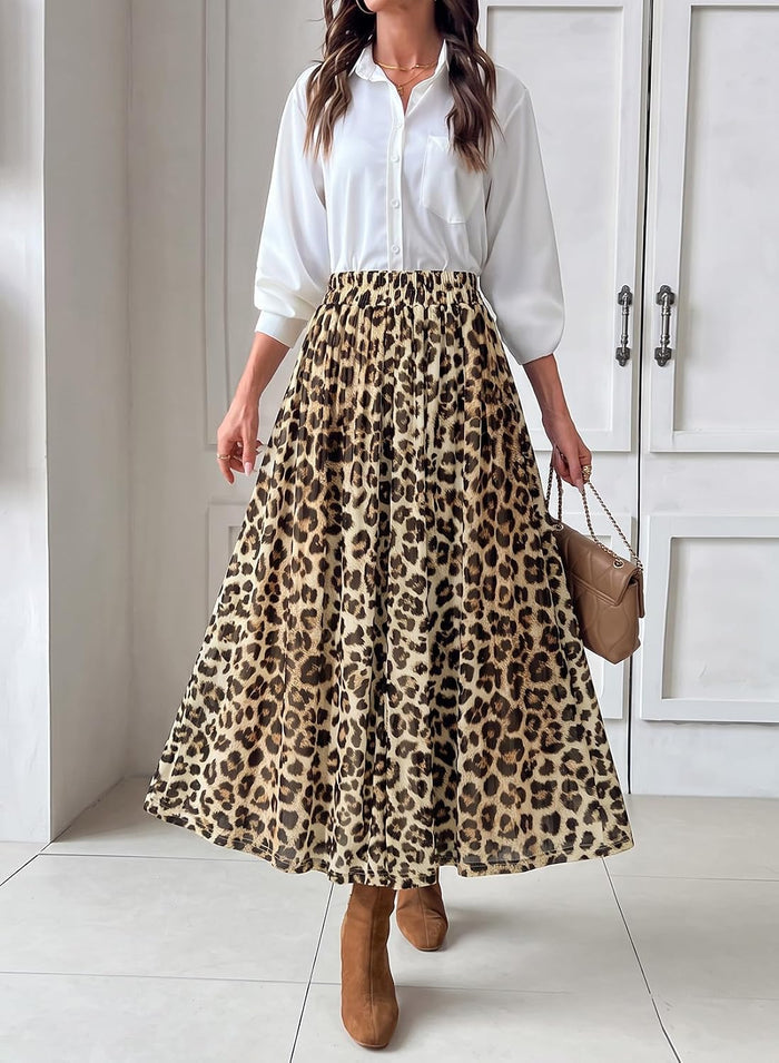 Dokotoo Fall Skirts for Women Elastic High Waist A-line Flowy Long Skirt