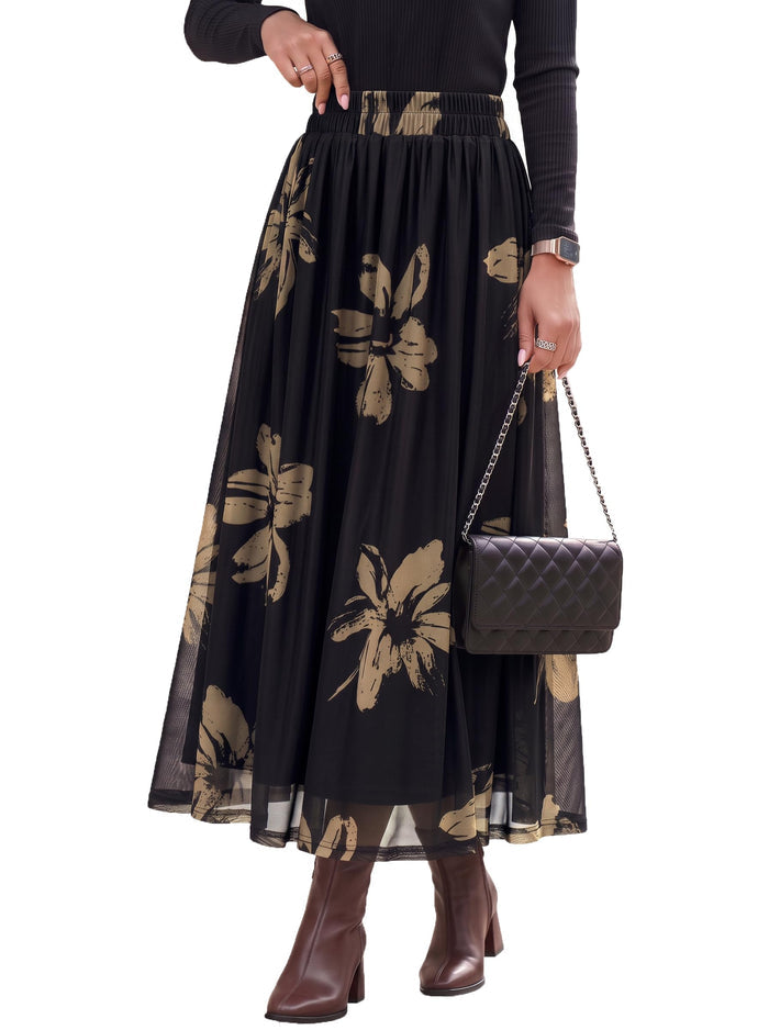 Dokotoo Fall Skirts for Women Elastic High Waist A-line Flowy Long Skirt