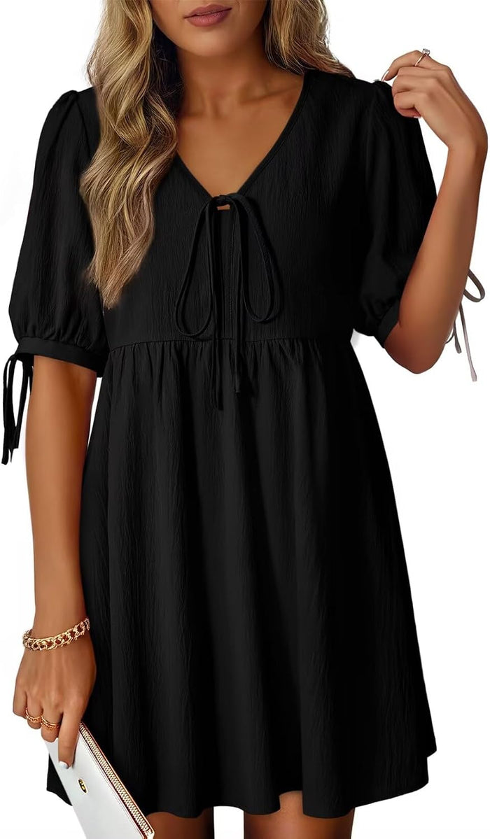 Dokotoo Summer Dresses for Women 2026 Casual V Neck Bow Tie Short Sleeve Empire Waist A-Line Mini Dress
