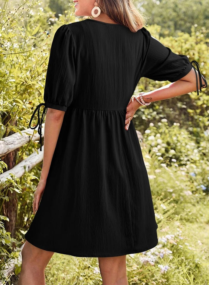 Dokotoo Summer Dresses for Women 2026 Casual V Neck Bow Tie Short Sleeve Empire Waist A-Line Mini Dress