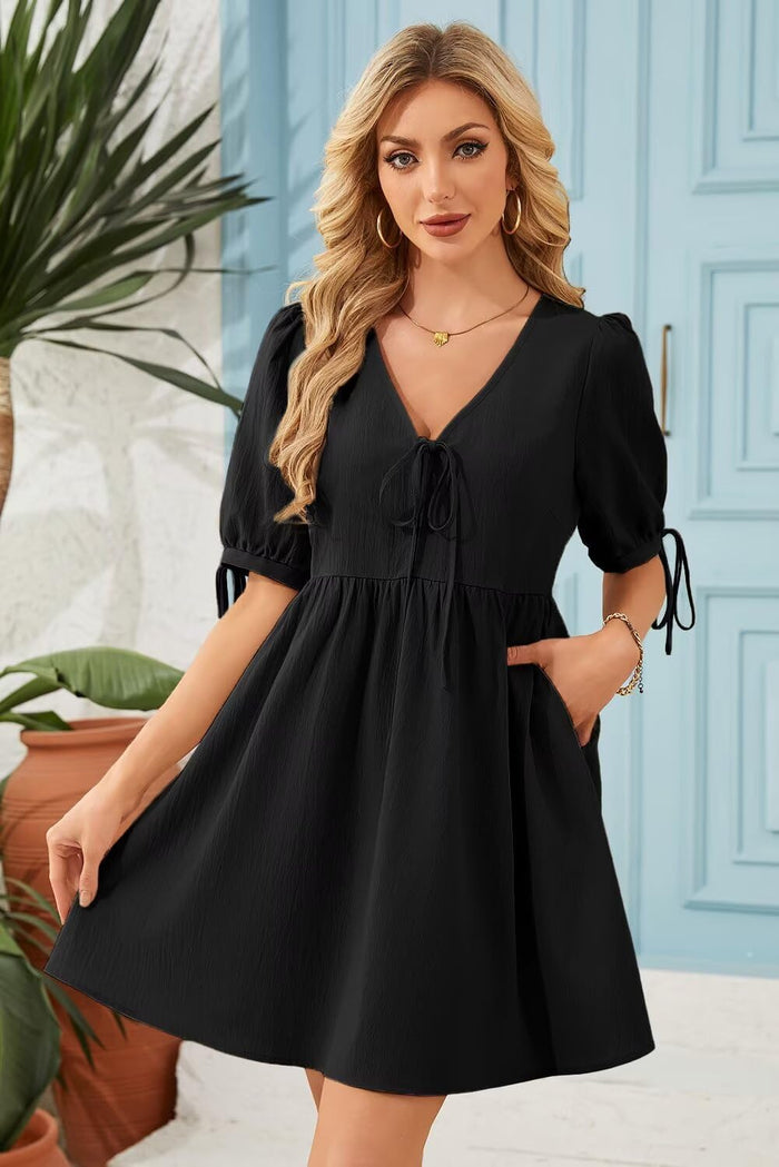 Dokotoo Summer Dresses for Women 2026 Casual V Neck Bow Tie Short Sleeve Empire Waist A-Line Mini Dress