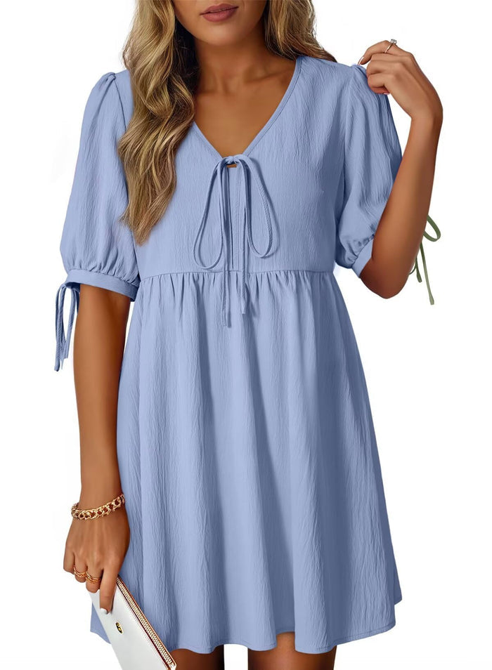 Dokotoo Summer Dresses for Women 2026 Casual V Neck Bow Tie Short Sleeve Empire Waist A-Line Mini Dress