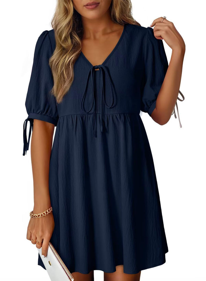 Dokotoo Summer Dresses for Women 2026 Casual V Neck Bow Tie Short Sleeve Empire Waist A-Line Mini Dress