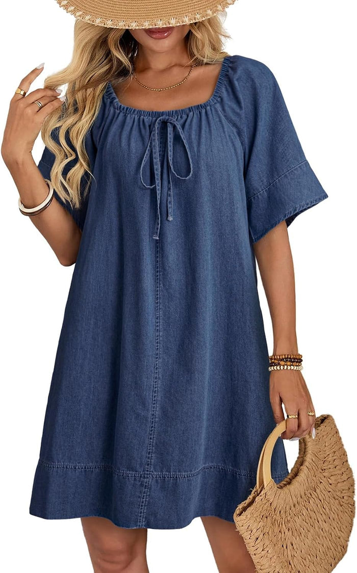 Dokotoo Women's Denim Dress Lightweight Flowy Tie Knot Cotton Jean Dress