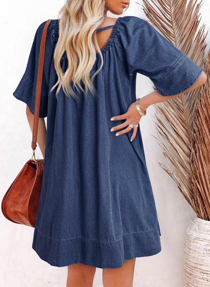Dokotoo Women's Denim Dress Lightweight Flowy Tie Knot Cotton Jean Dress
