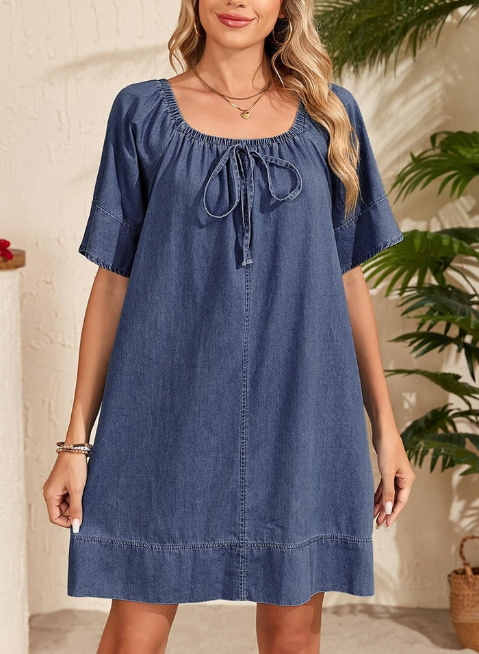 Dokotoo Women's Denim Dress Lightweight Flowy Tie Knot Cotton Jean Dress