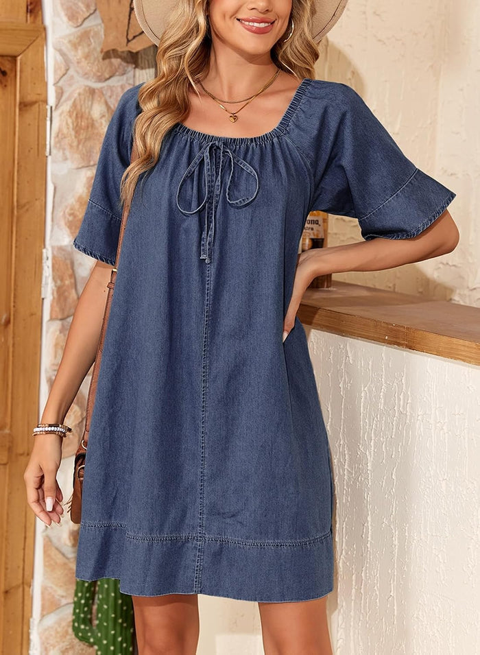 Dokotoo Women's Denim Dress Lightweight Flowy Tie Knot Cotton Jean Dress