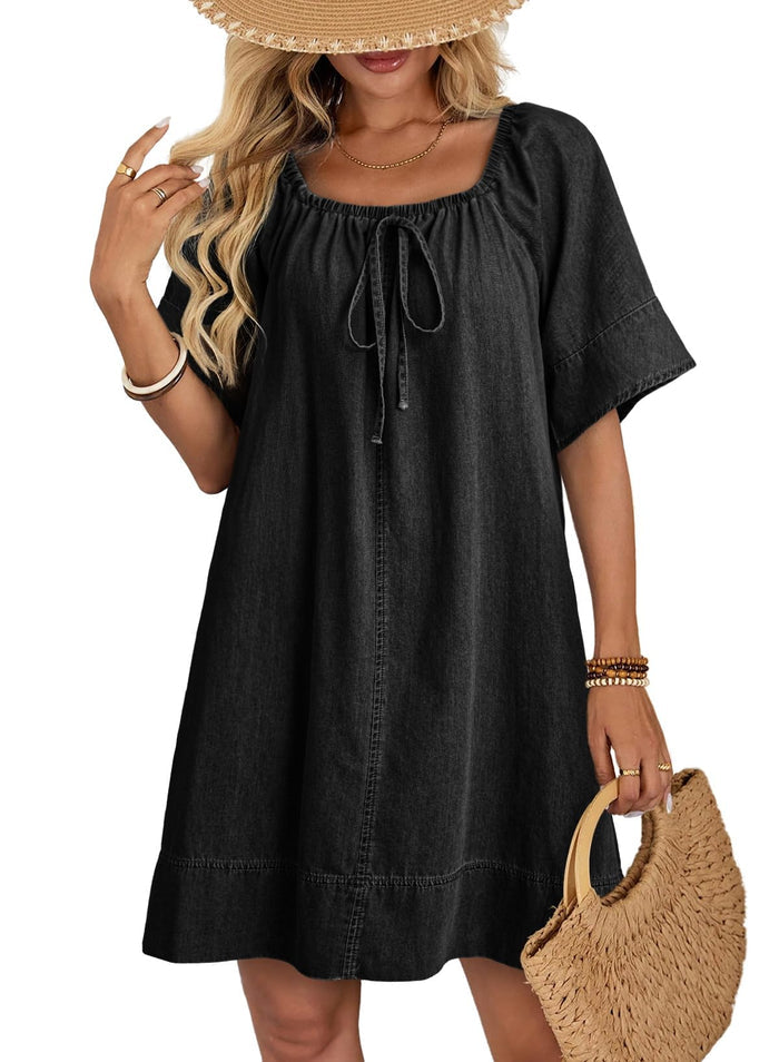 Dokotoo Women's Denim Dress Lightweight Flowy Tie Knot Cotton Jean Dress