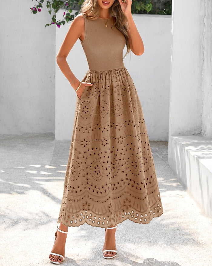 dowerme Women Sleeveless Lace Eyelet Cotton Tank Maxi Dress