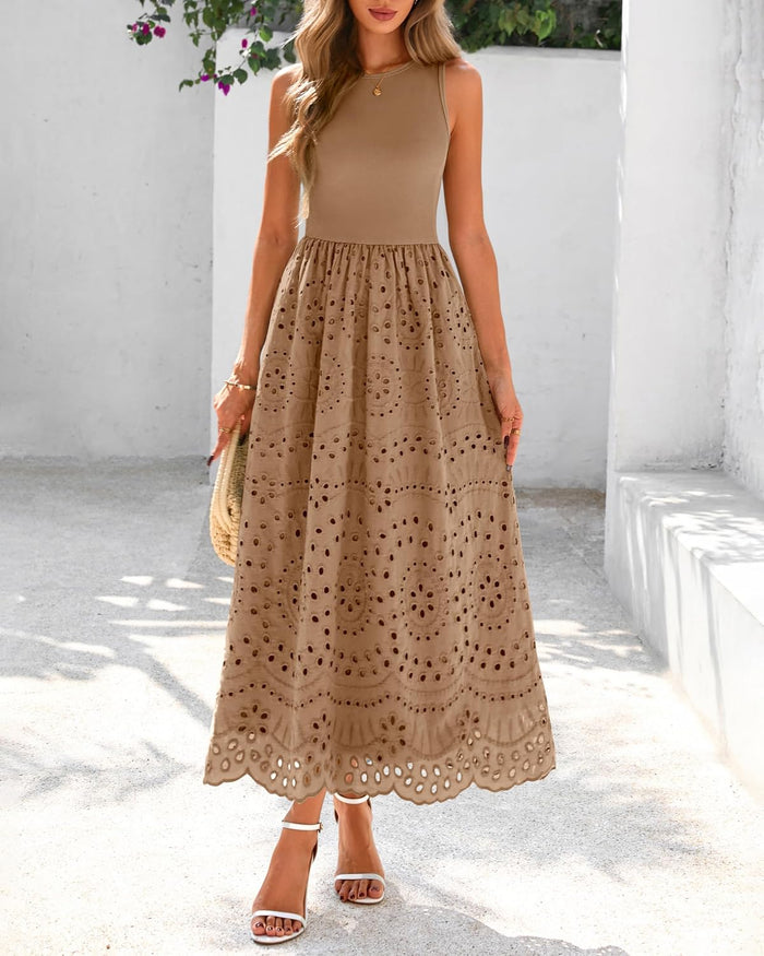dowerme Women Sleeveless Lace Eyelet Cotton Tank Maxi Dress