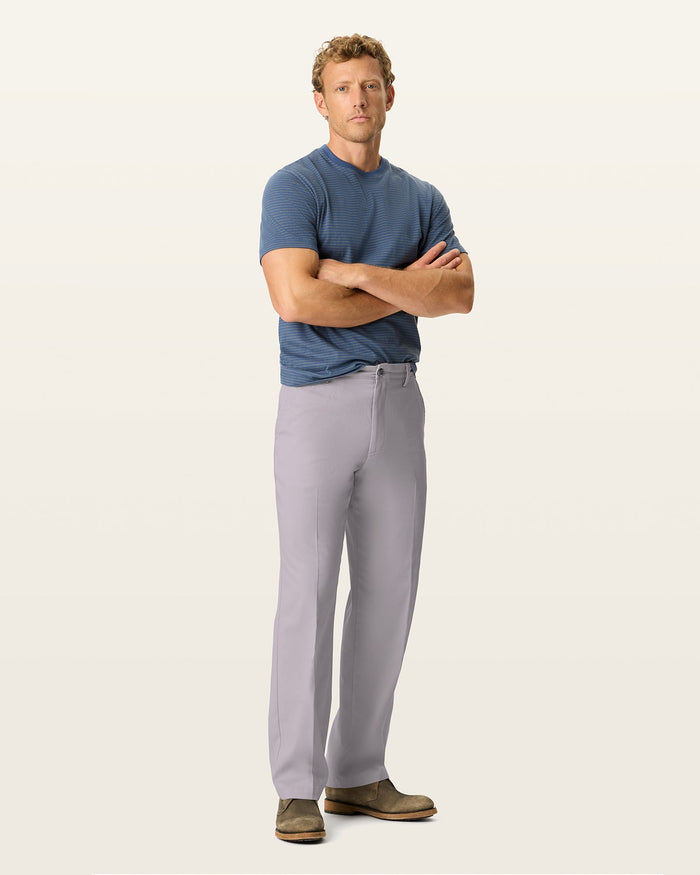 Front view of model wearing Burma Grey Easy Khakis, Classic Fit.