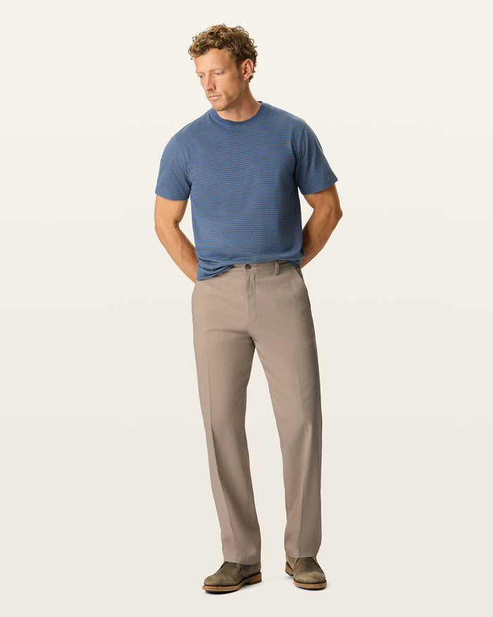 Front view of model wearing Dark Pebble Easy Khakis, Classic Fit.
