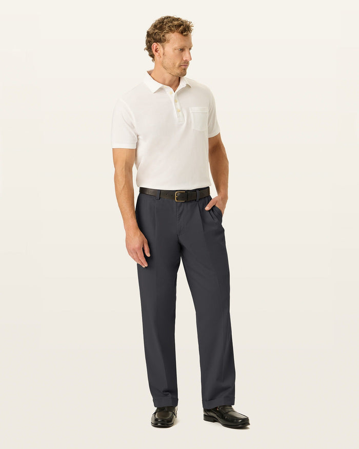 Front view of model wearing Black Easy Stretch Khakis, Pleated, Relaxed Fit.