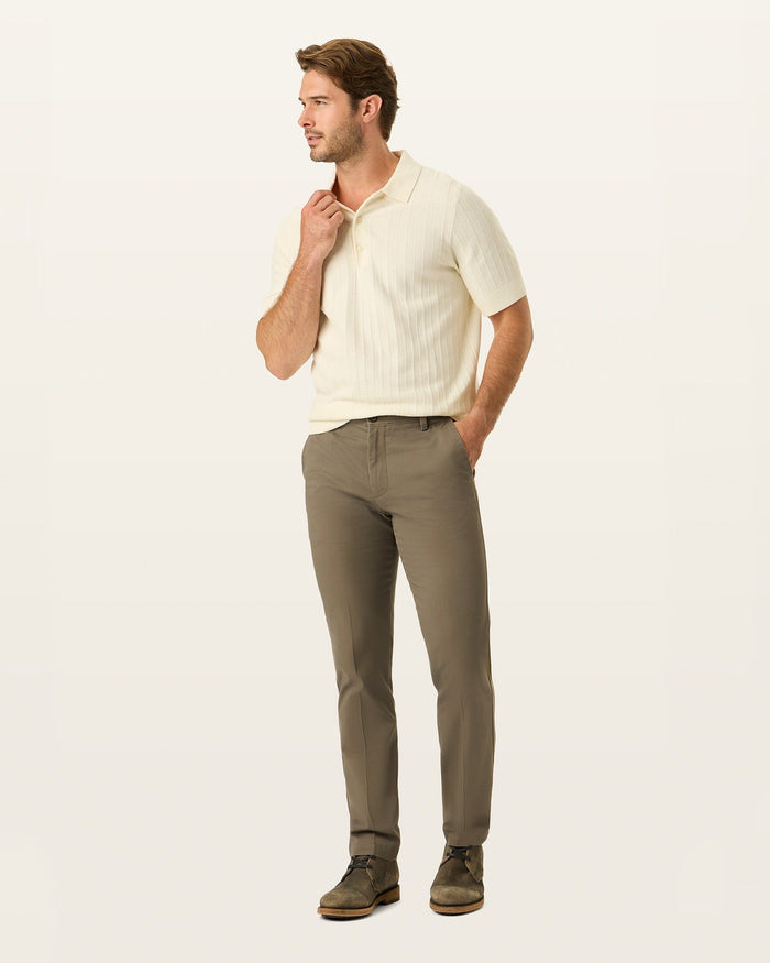 Front view of model wearing Dark Pebble Easy Khakis, Slim Fit.