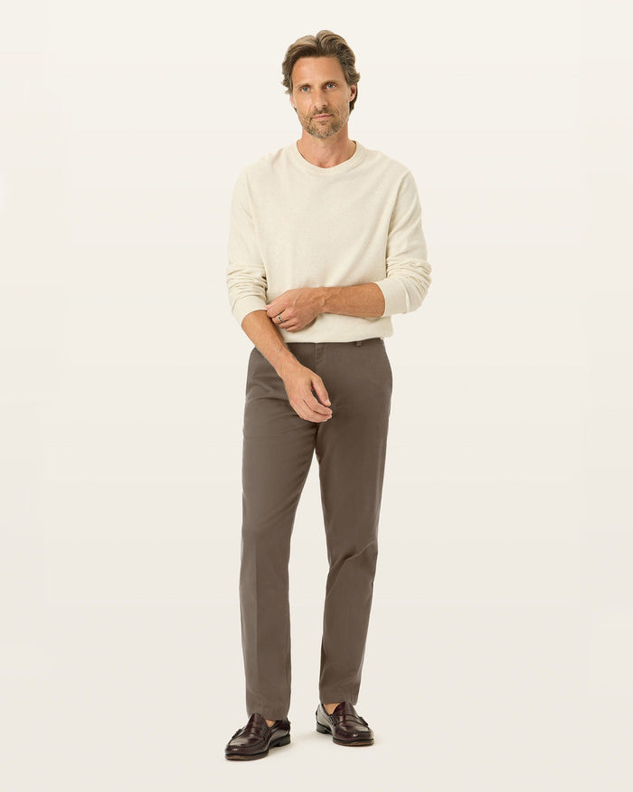 Front view of model wearing Dark Pebble Easy Khakis, Straight Fit.