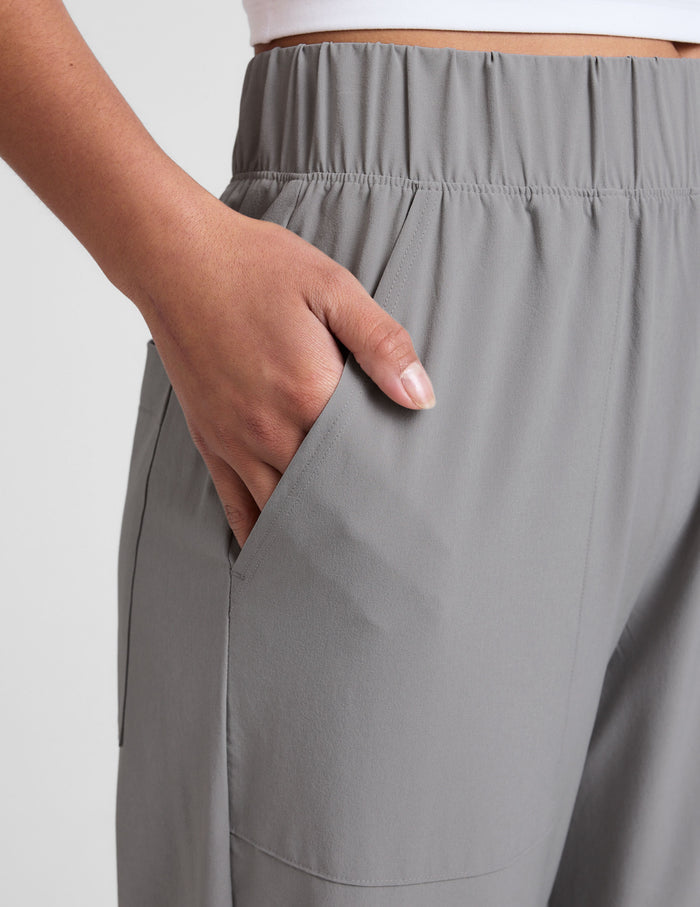 gray wide leg pants with pockets.