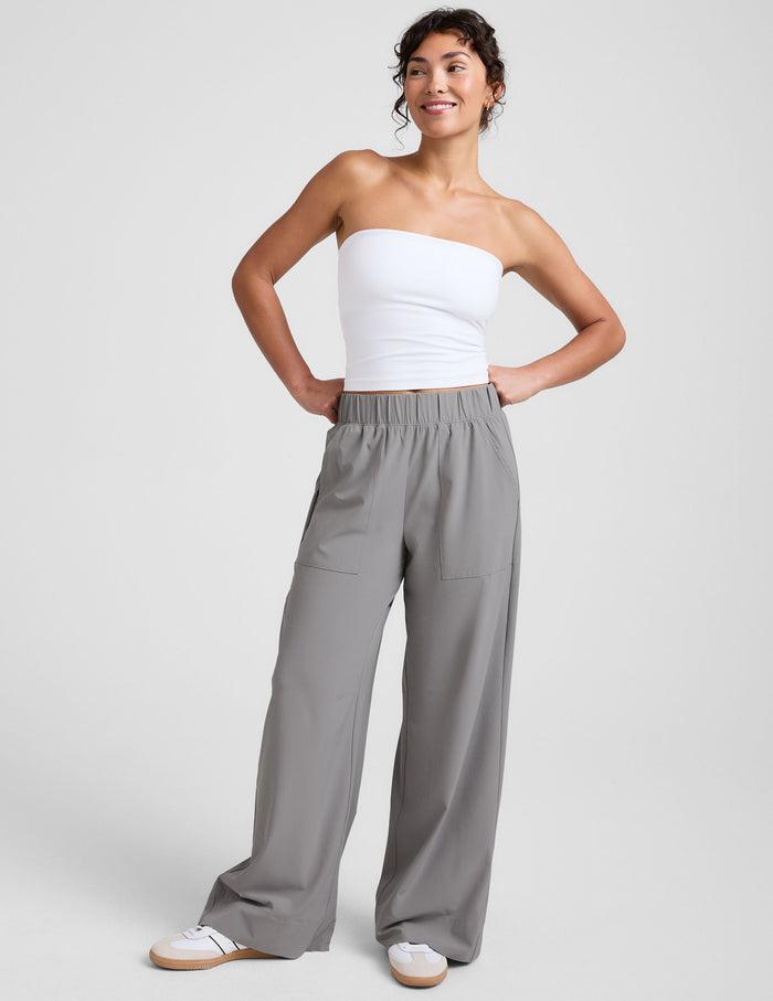 gray wide leg pants with pockets.