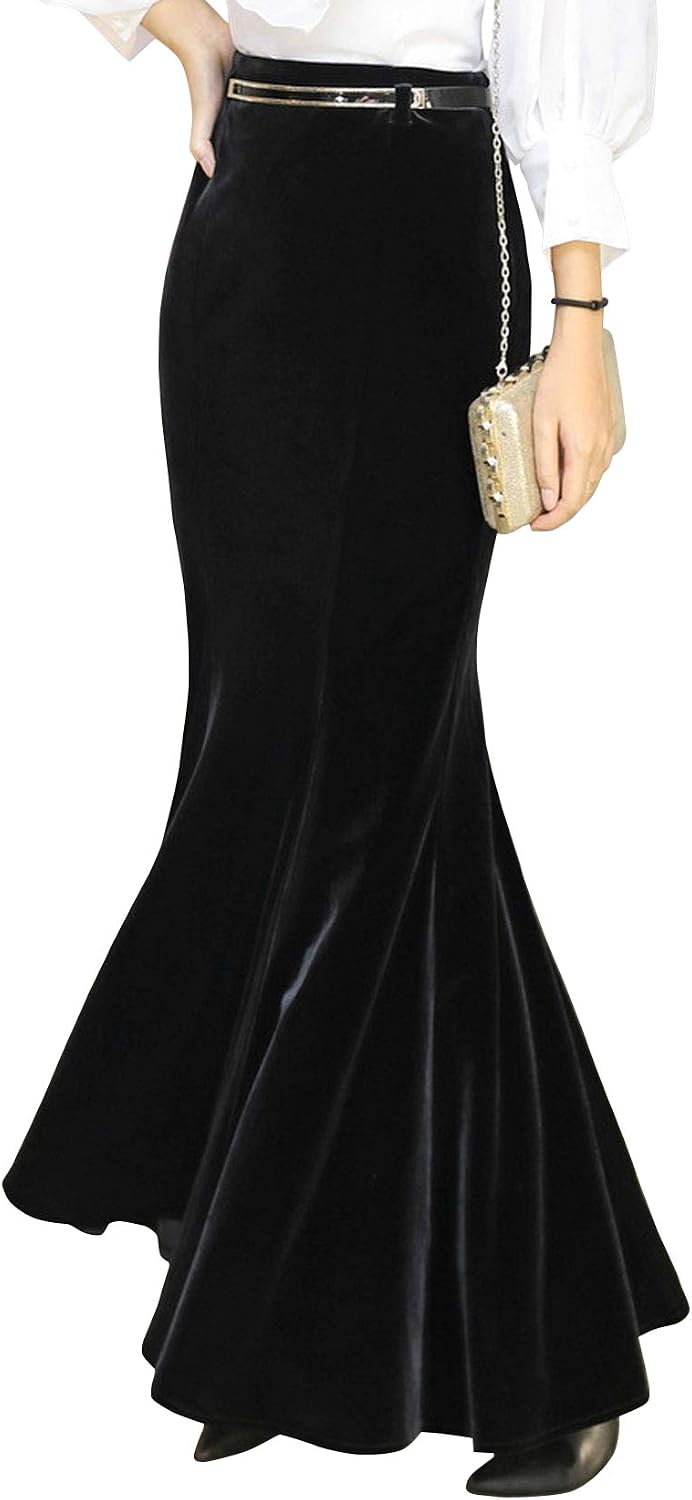ebossy Women's High Waist Bodycon Velvet Fishtail Mermaid Maxi Skirt Evening Party