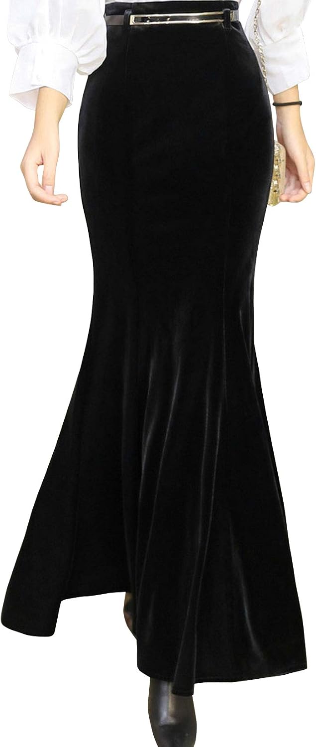 ebossy Women's High Waist Bodycon Velvet Fishtail Mermaid Maxi Skirt Evening Party