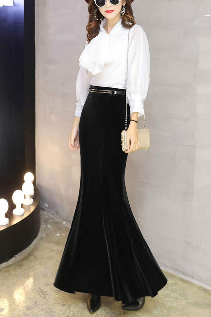 ebossy Women's High Waist Bodycon Velvet Fishtail Mermaid Maxi Skirt Evening Party