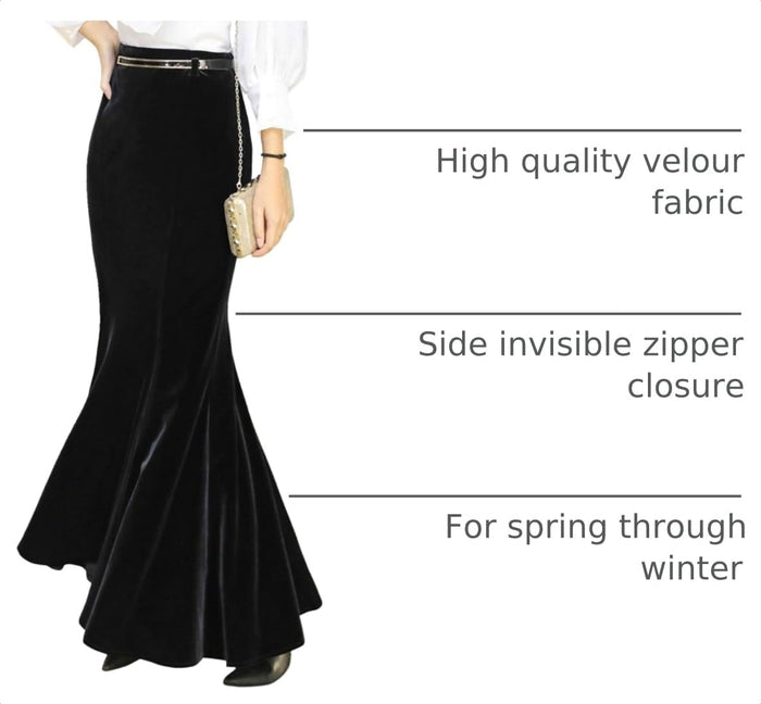 ebossy Women's High Waist Bodycon Velvet Fishtail Mermaid Maxi Skirt Evening Party