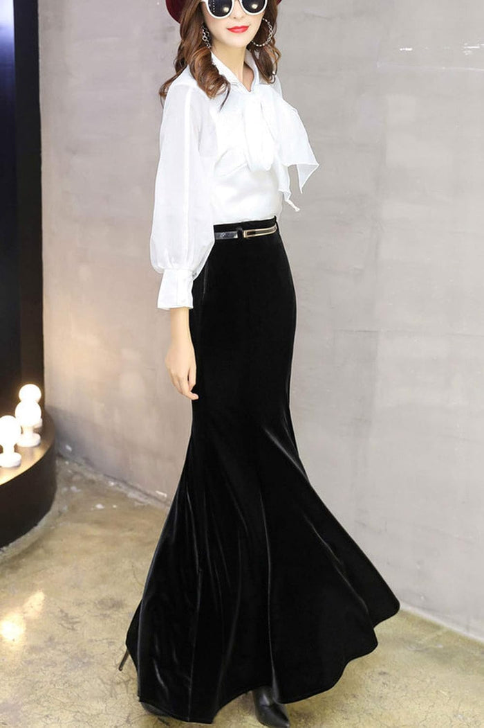 ebossy Women's High Waist Bodycon Velvet Fishtail Mermaid Maxi Skirt Evening Party
